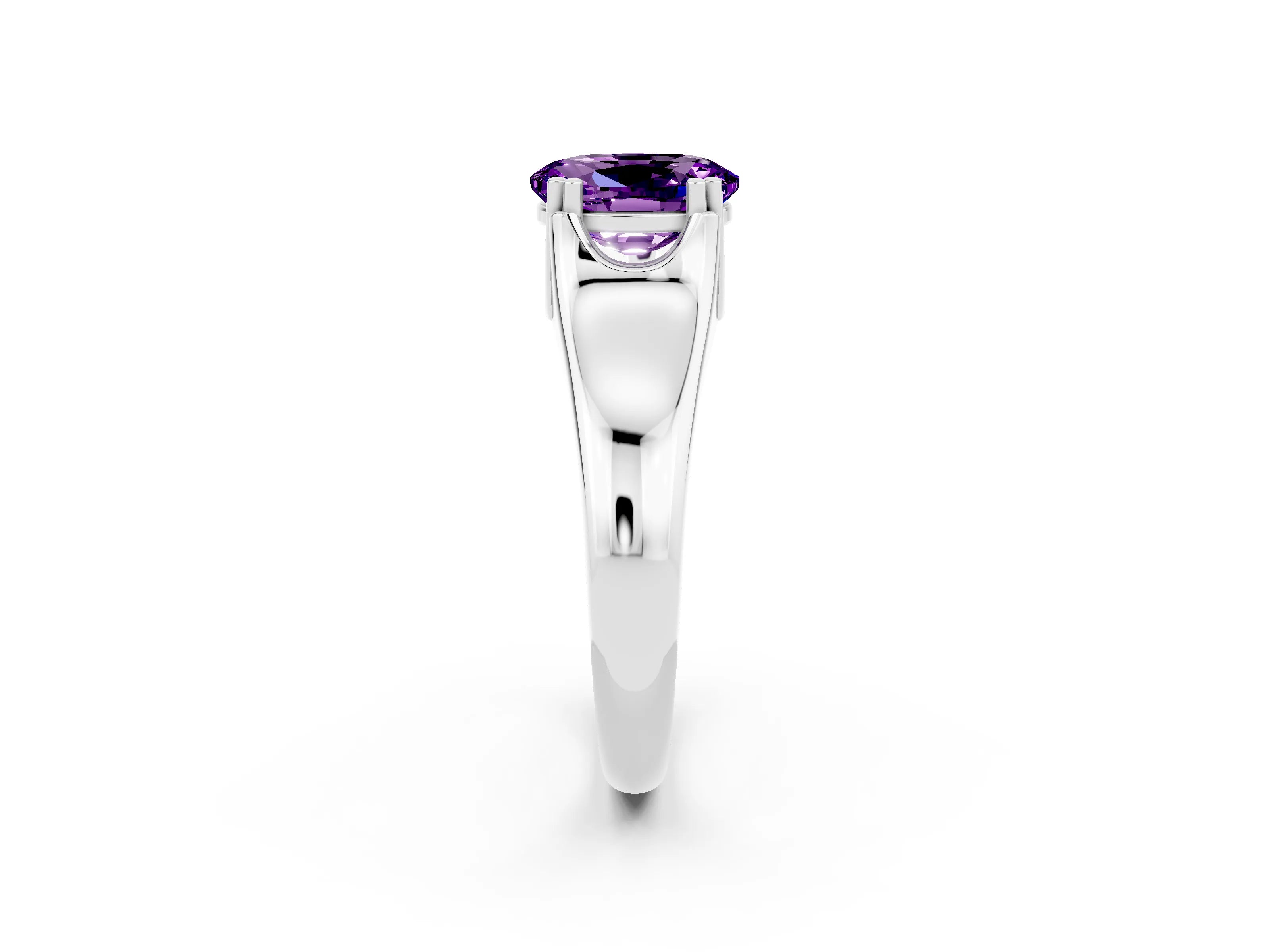 White gold Oval Cut Amethyst Solitaire Ring with Wide Band and Prong Setting_2