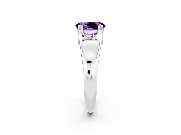White gold Oval Cut Amethyst Solitaire Ring with Wide Band and Prong Setting
