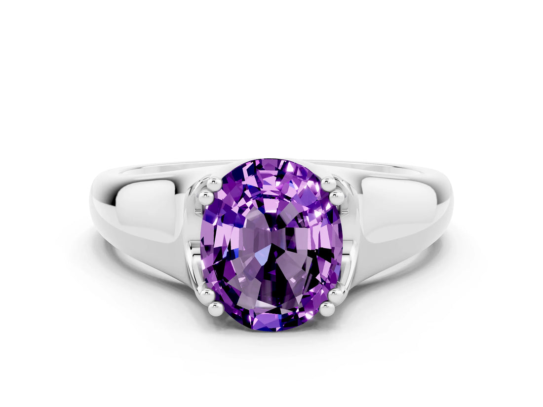 White gold Oval Cut Amethyst Solitaire Ring with Wide Band and Prong Setting