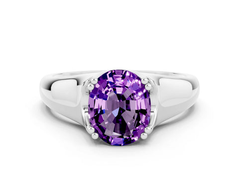 White gold Oval Cut Amethyst Solitaire Ring with Wide Band and Prong Setting