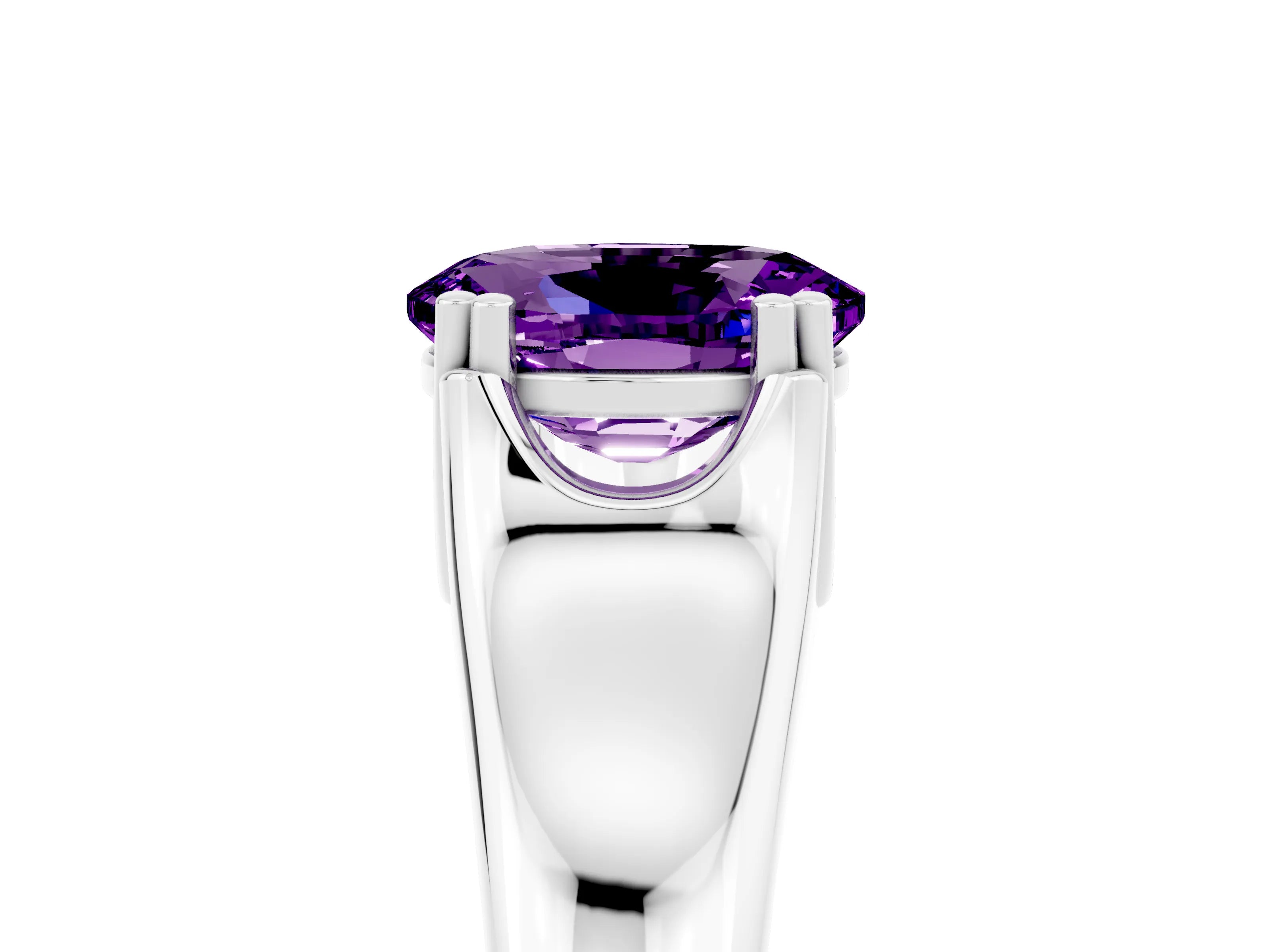 White gold Oval Cut Amethyst Solitaire Ring with Wide Band and Prong Setting_5