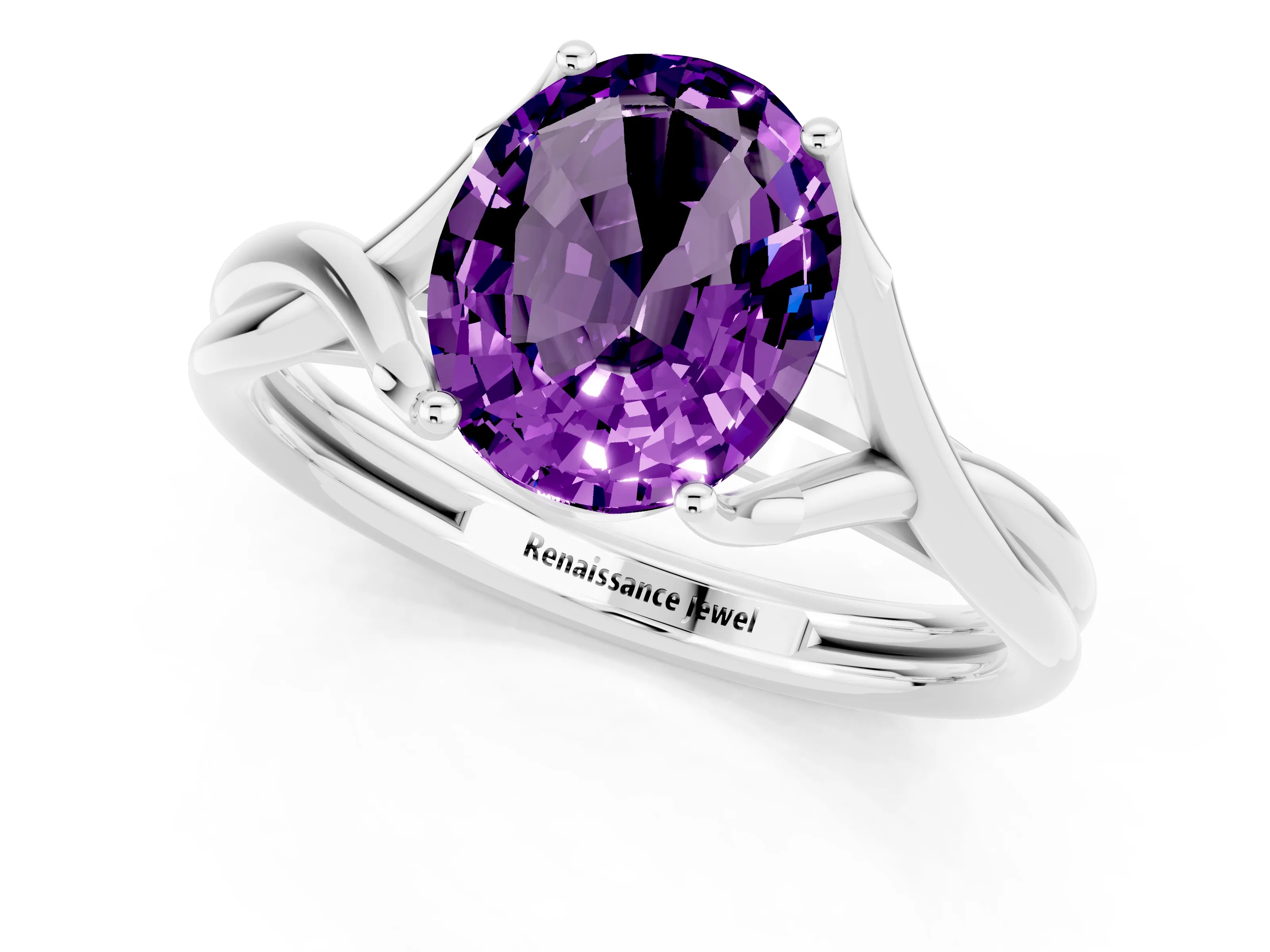 White gold Oval Cut Amethyst Solitaire Twist Band Prong Setting Ring_43