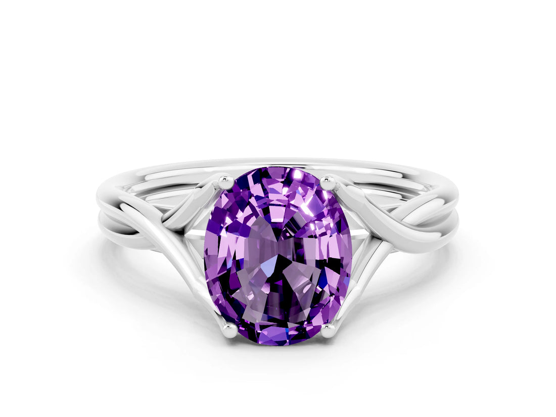 White gold Oval Cut Amethyst Solitaire Twist Band Prong Setting Ring_44