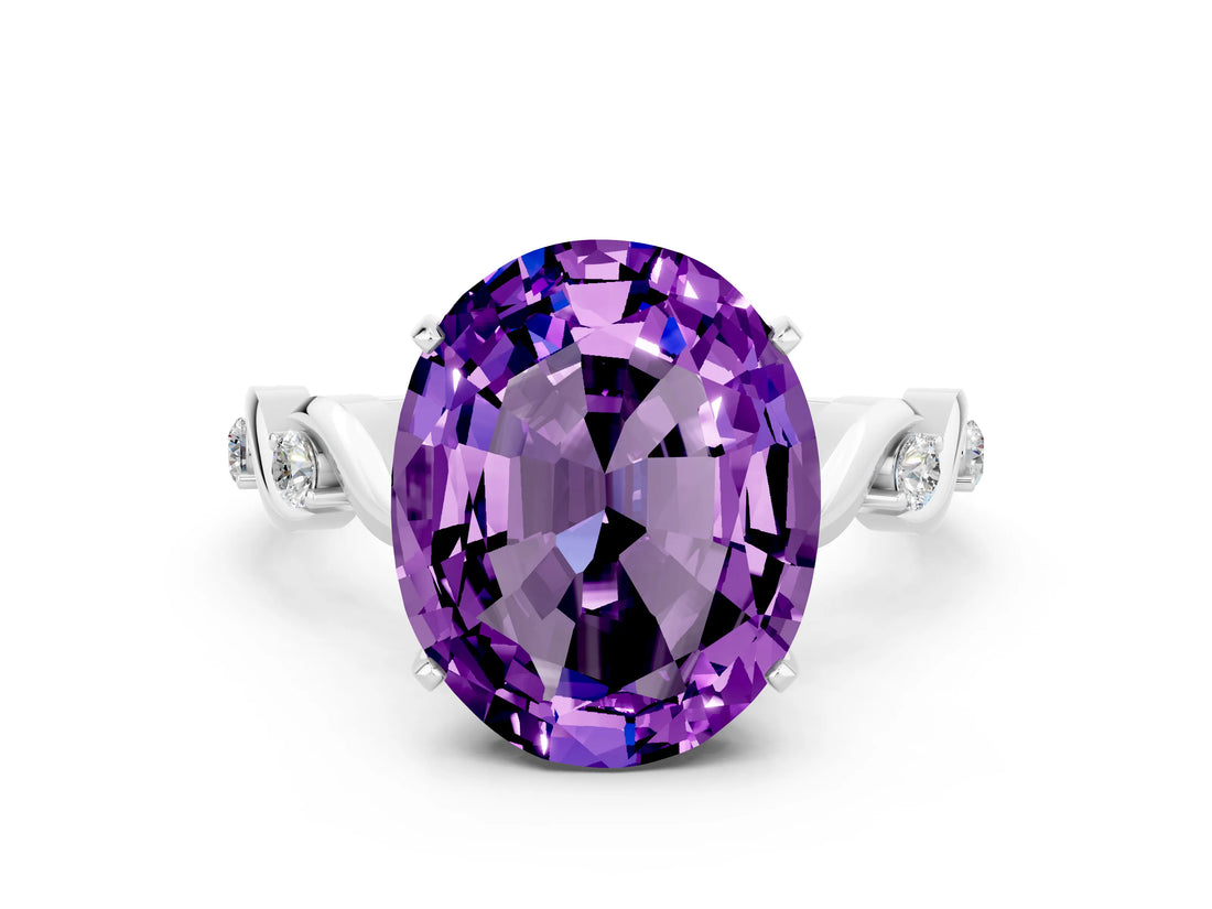 White gold Oval Cut Amethyst Solitaire Twisted Band with Round  Accents and Prong Setting_12