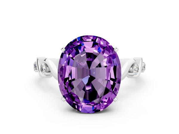 Silver Oval Cut Amethyst Solitaire Twisted Band with Round  Accents and Prong Setting