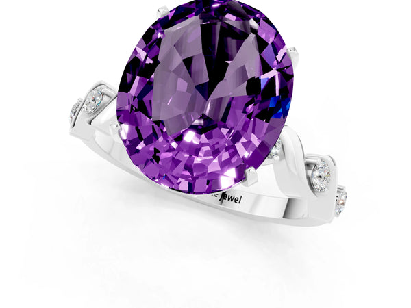 Platinum Oval Cut Amethyst Solitaire Twisted Band with Round  Accents and Prong Setting