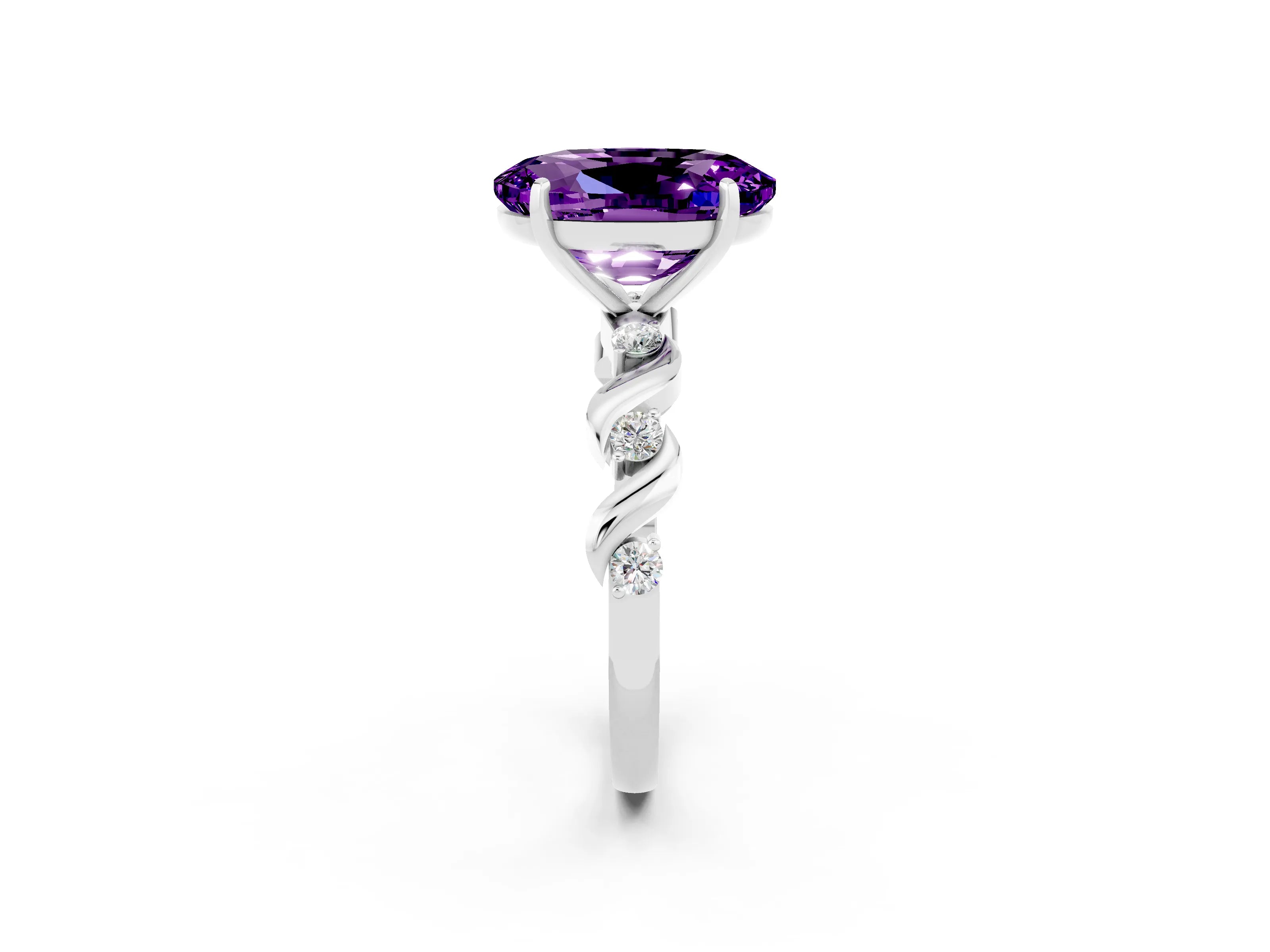 White gold Oval Cut Amethyst Solitaire Twisted Band with Round  Accents and Prong Setting_14