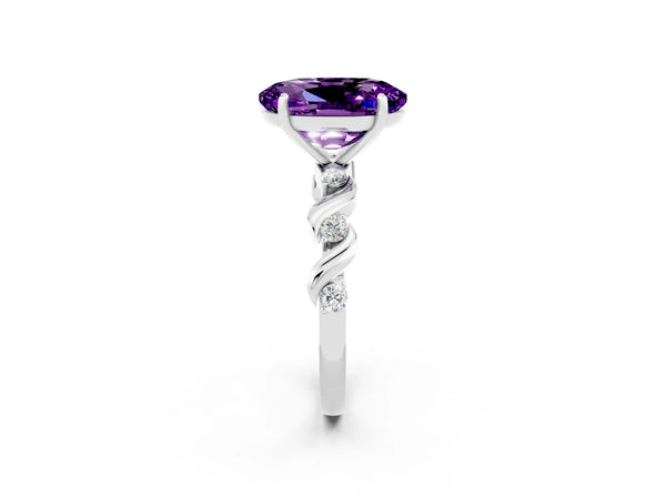 Platinum Oval Cut Amethyst Solitaire Twisted Band with Round  Accents and Prong Setting