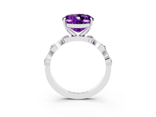 Platinum Oval Cut Amethyst Solitaire Twisted Band with Round  Accents and Prong Setting