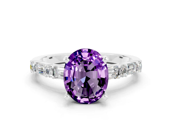 Platinum Oval Cut Amethyst Solitaire with Side Baguettes and Channel Set Band