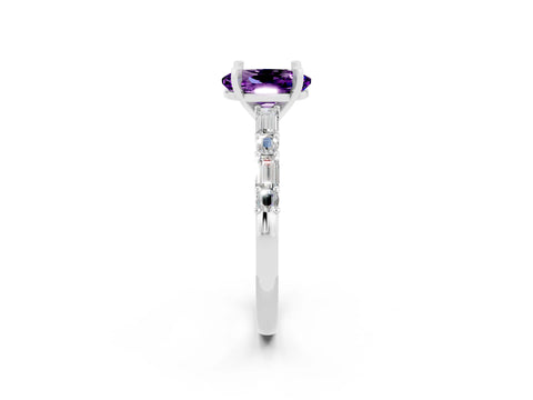 White gold Oval Cut Amethyst Solitaire with Side Baguettes and Channel Set Band_2