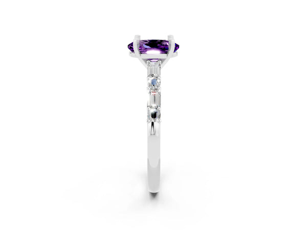 White gold Oval Cut Amethyst Solitaire with Side Baguettes and Channel Set Band