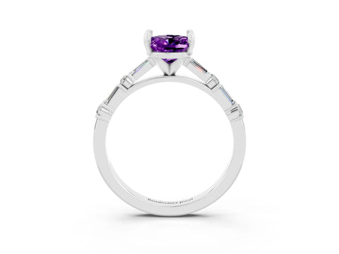 White gold Oval Cut Amethyst Solitaire with Side Baguettes and Channel Set Band_3