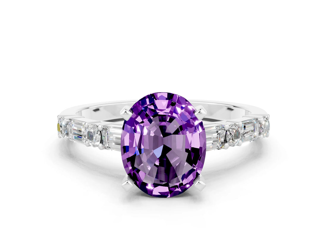 White gold Oval Cut Amethyst Solitaire with Side Baguettes and Channel Set Band