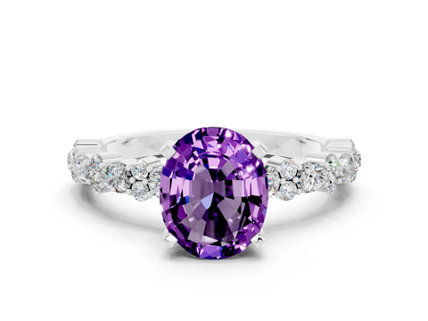 White gold Oval Cut Amethyst Solitaire with Side Stones, Pave Band, Four-Prong Setting_36