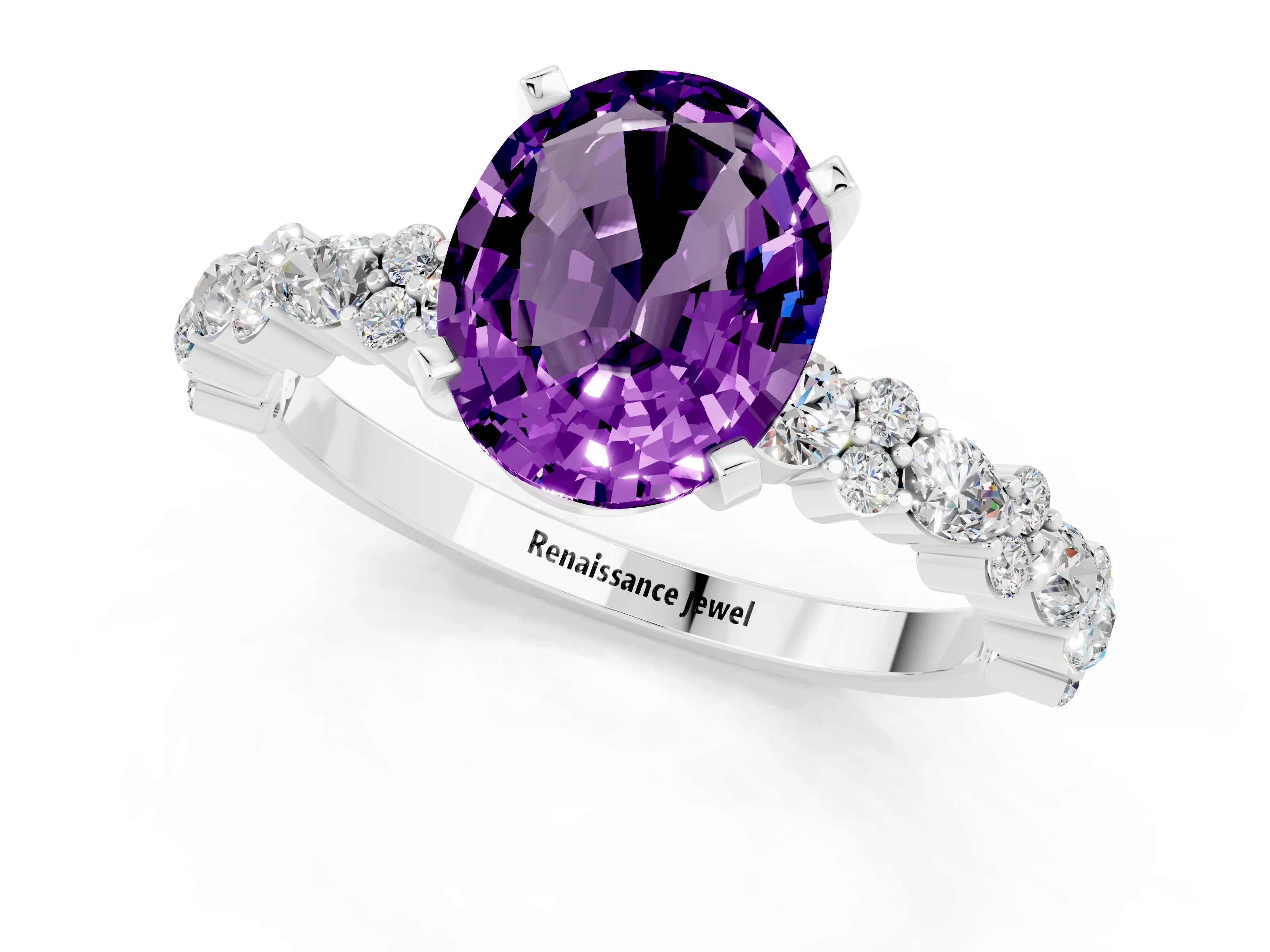 White gold Oval Cut Amethyst Solitaire with Side Stones, Pave Band, Four-Prong Setting_37