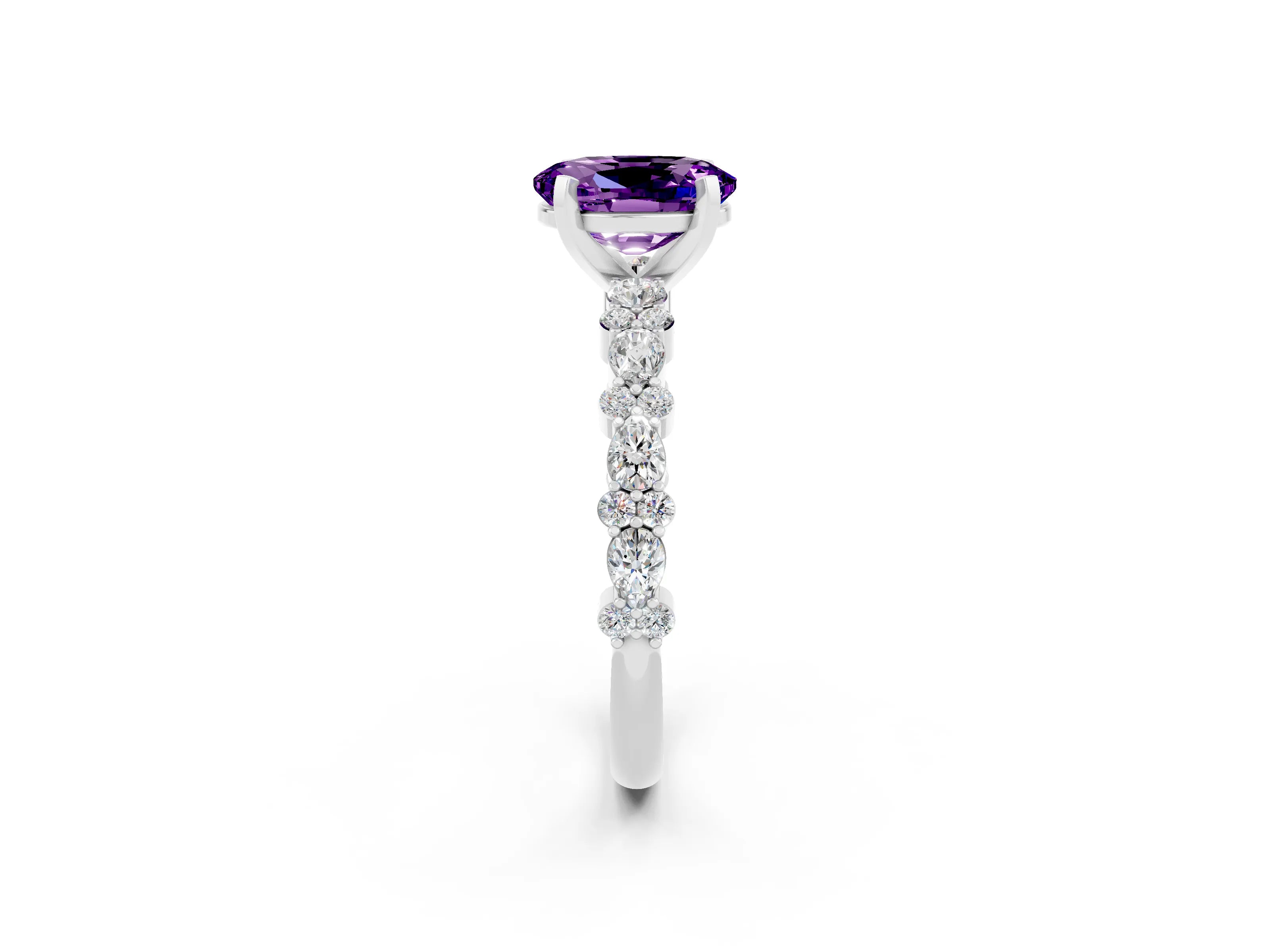 White gold Oval Cut Amethyst Solitaire with Side Stones, Pave Band, Four-Prong Setting_38