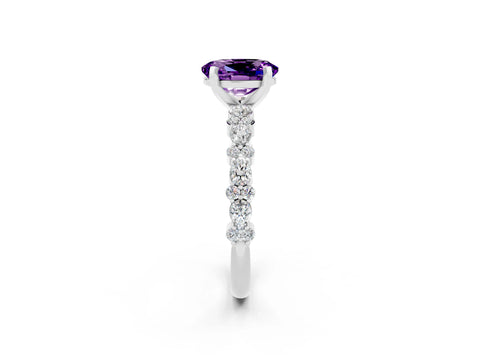 White gold Oval Cut Amethyst Solitaire with Side Stones, Pave Band, Four-Prong Setting_38