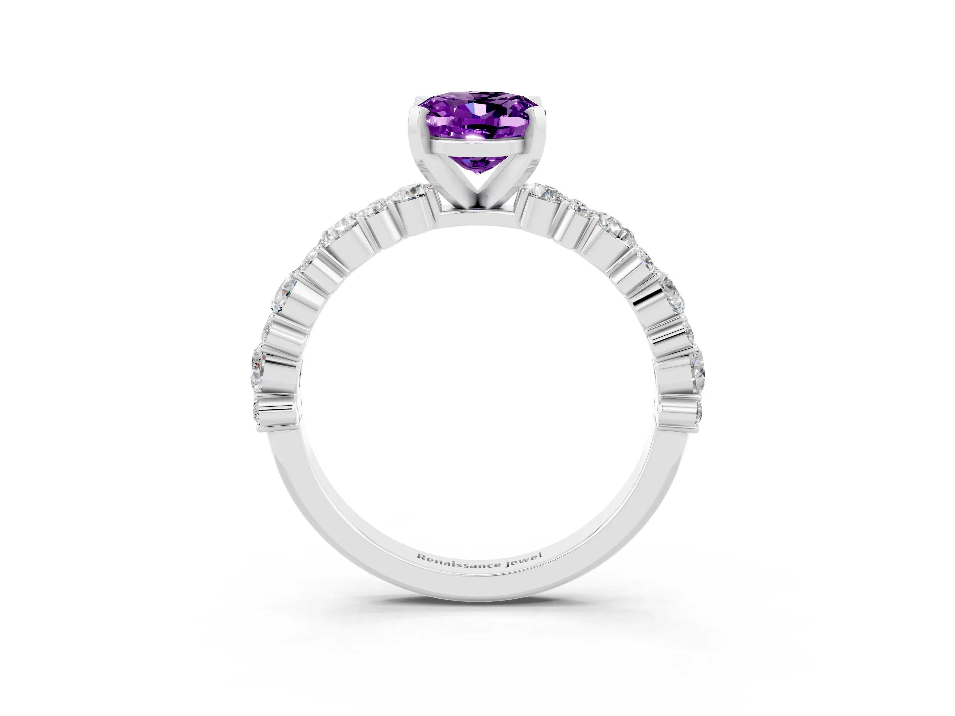 White gold Oval Cut Amethyst Solitaire with Side Stones, Pave Band, Four-Prong Setting_39