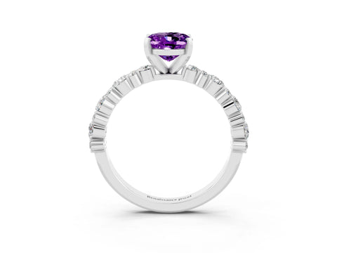 White gold Oval Cut Amethyst Solitaire with Side Stones, Pave Band, Four-Prong Setting_39
