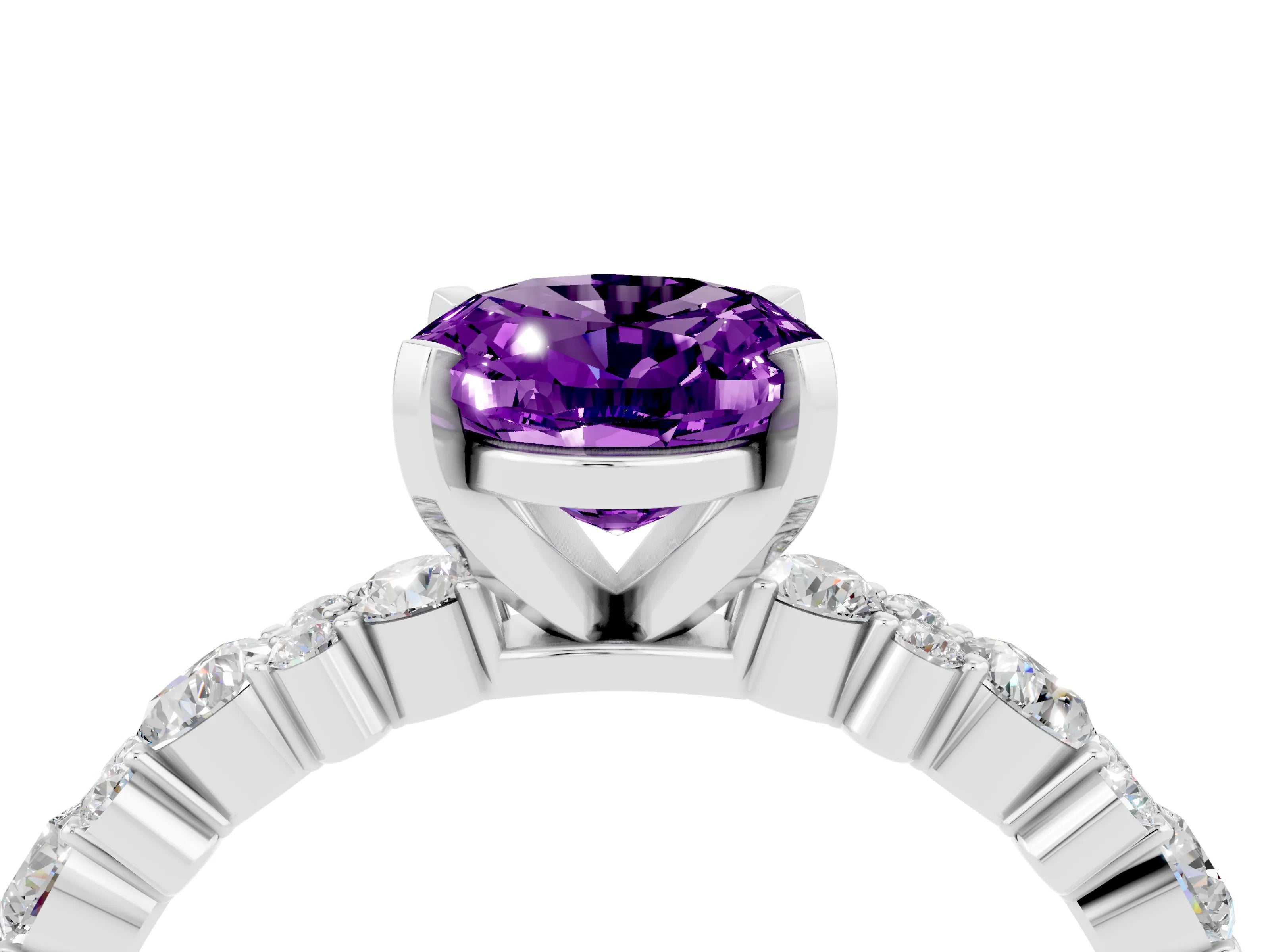 White gold Oval Cut Amethyst Solitaire with Side Stones, Pave Band, Four-Prong Setting_40