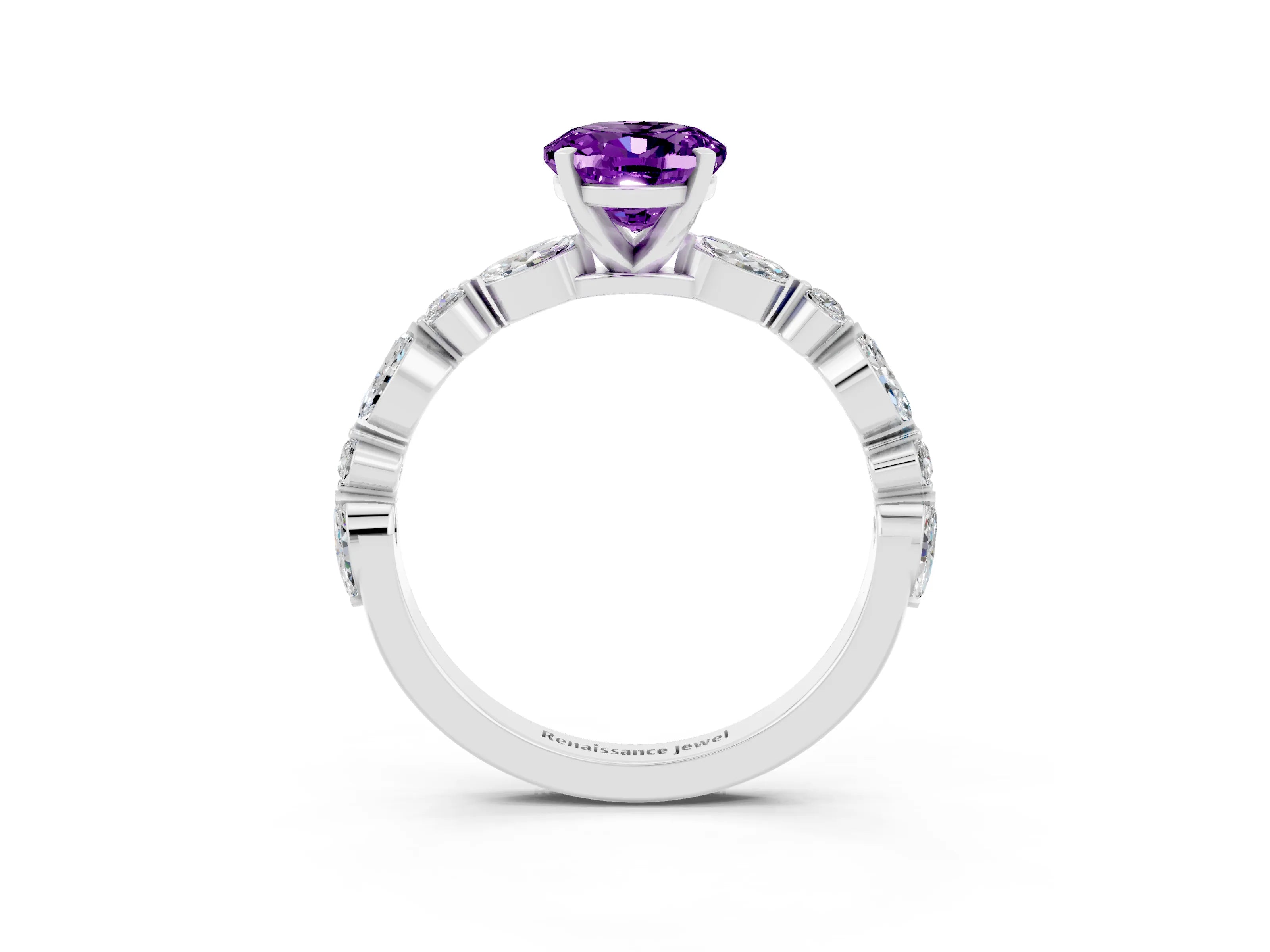 White gold Oval Cut Amethyst Solitaire with Side Stones on a Pavé Band and Four-Prong Setting_3