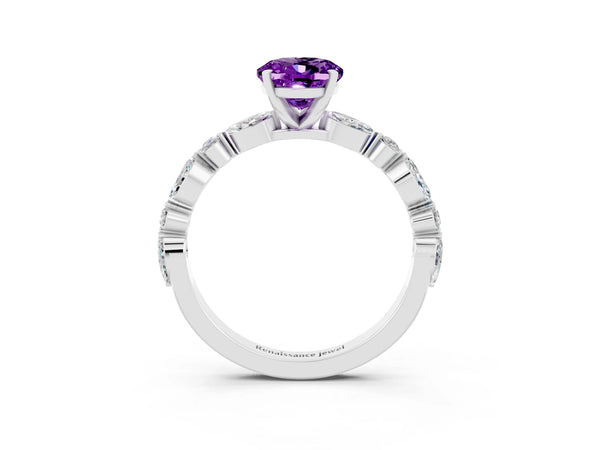 Silver Oval Cut Amethyst Ring with Marquise and Round  Side Stones and Four-Prong Setting