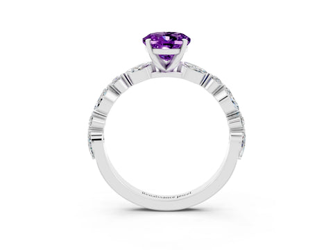 White gold Oval Cut Amethyst Solitaire with Side Stones on a Pavé Band and Four-Prong Setting_3