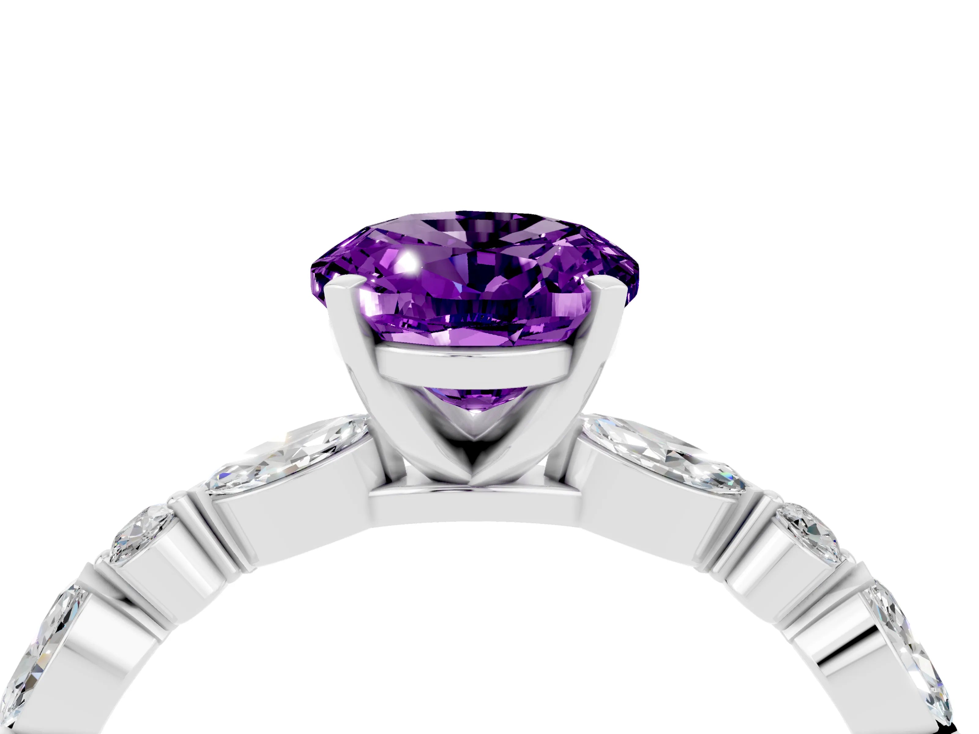 White gold Oval Cut Amethyst Solitaire with Side Stones on a Pavé Band and Four-Prong Setting_4