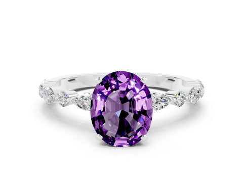 White gold Oval Cut Amethyst Solitaire with Side Stones on a Pavé Band and Four-Prong Setting