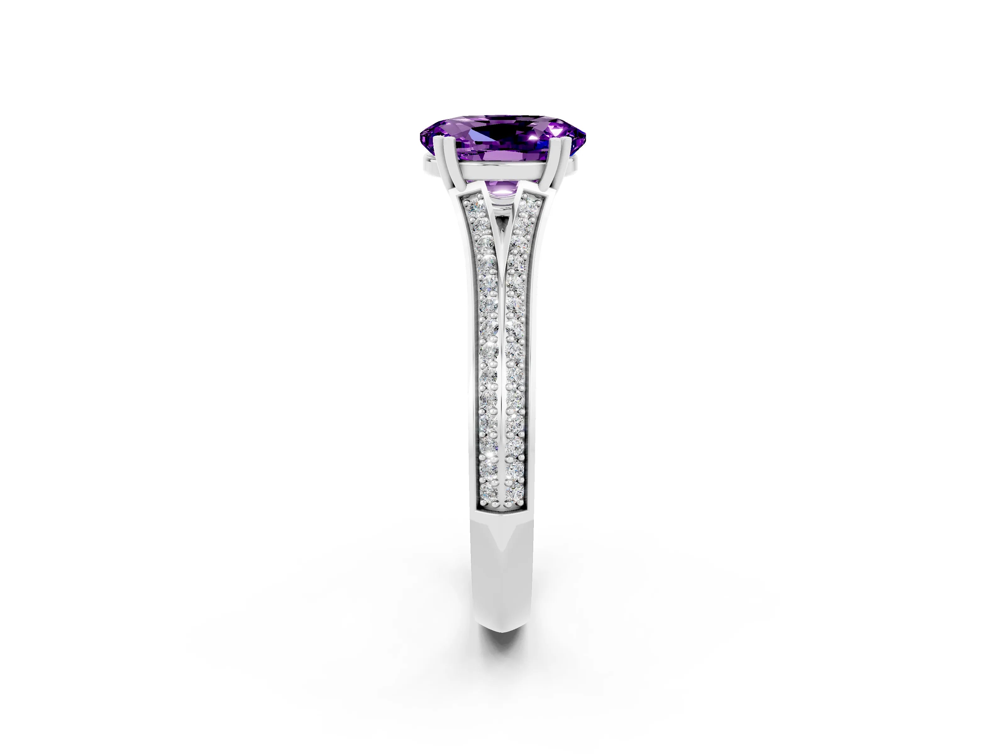 White gold Oval Cut Amethyst Split Shank Engagement Ring with Pavé Band_2