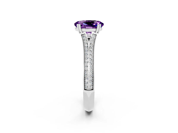 Silver Oval Cut Amethyst Split Shank Engagement Ring with Pavé Band