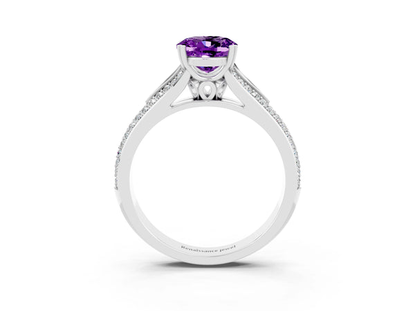 Platinum Oval Cut Amethyst Split Shank Engagement Ring with Pavé Band
