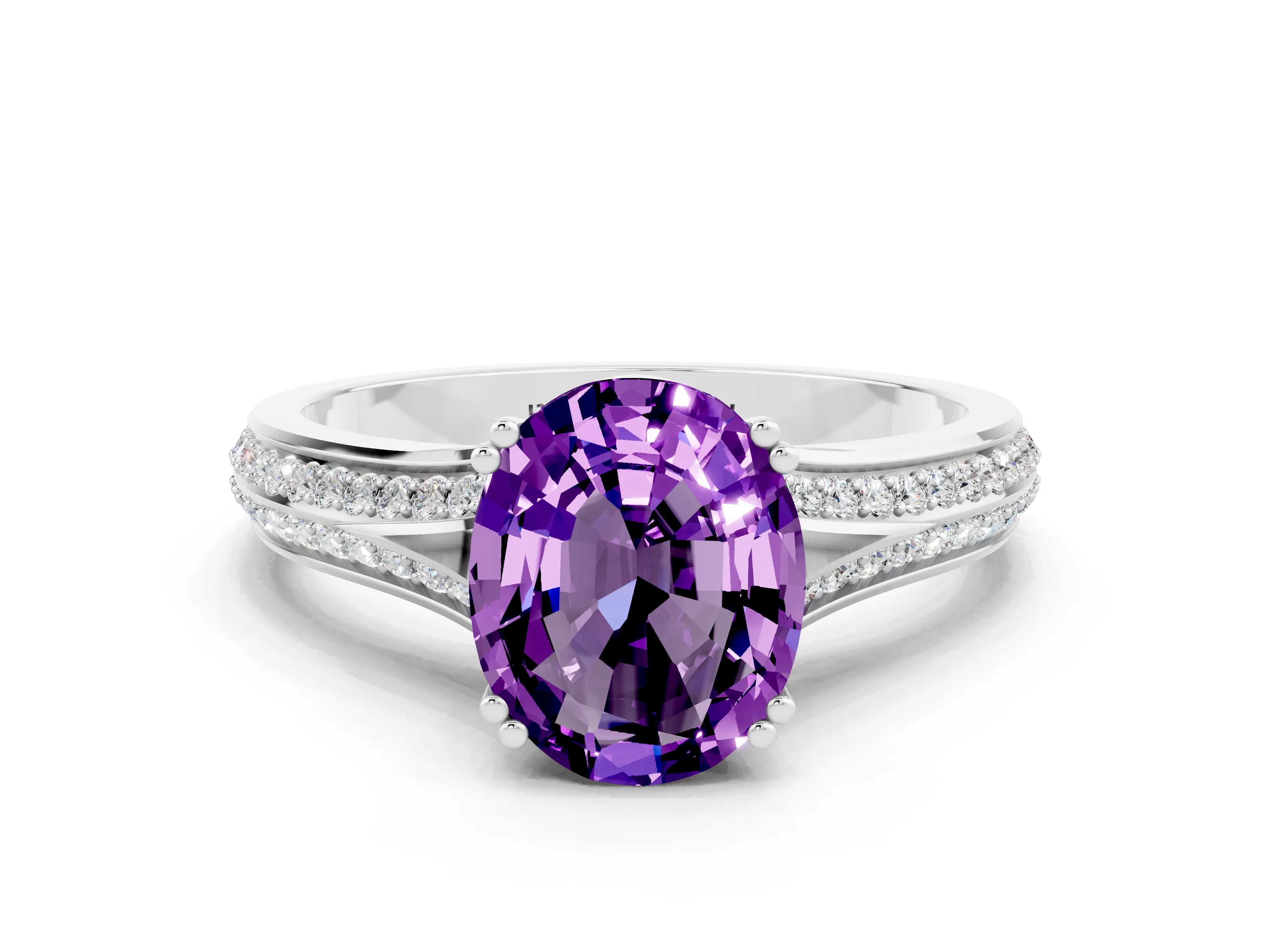 White gold Oval Cut Amethyst Split Shank Engagement Ring with Pavé Band