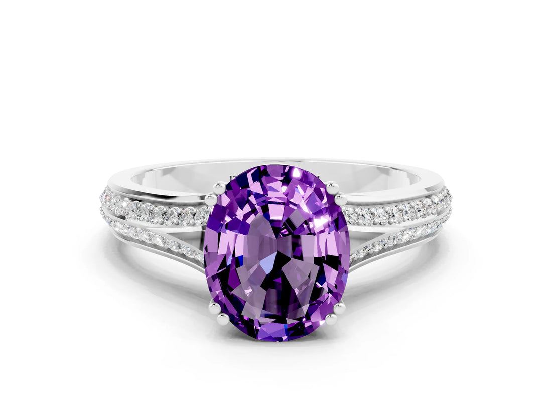 White gold Oval Cut Amethyst Split Shank Engagement Ring with Pavé Band