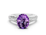 White gold Oval Cut Amethyst Split Shank Engagement Ring with Pavé Band