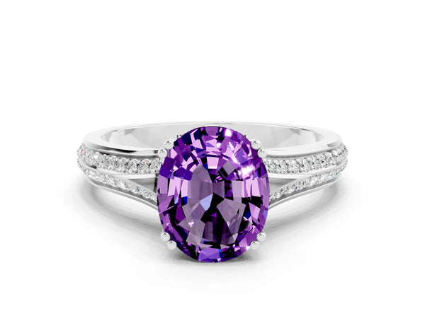 White gold Oval Cut Amethyst Split Shank Engagement Ring with Pavé Band