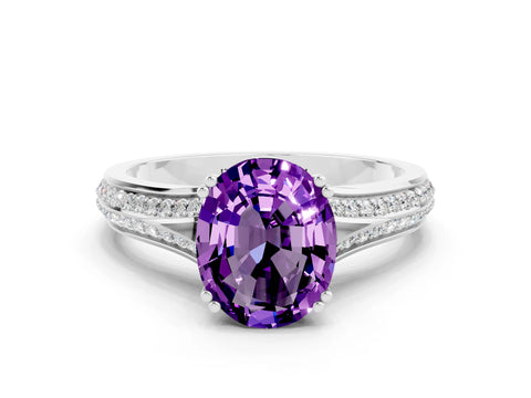 White gold Oval Cut Amethyst Split Shank Engagement Ring with Pavé Band