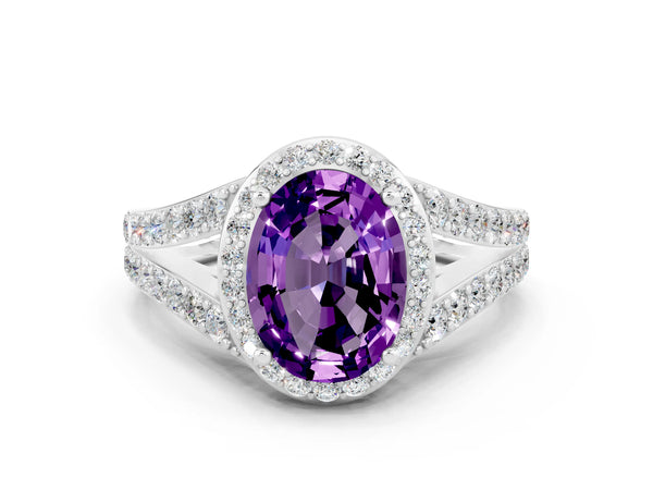 Silver Oval Cut Amethyst Split Shank Halo Ring with Four-Prong Setting