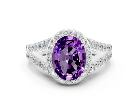 White gold Oval Cut Amethyst Split Shank Halo Ring with Four-Prong Setting_12