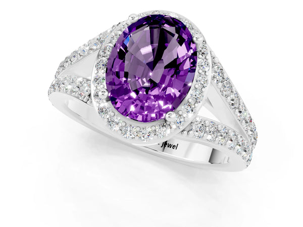 Platinum Oval Cut Amethyst Split Shank Halo Ring with Four-Prong Setting