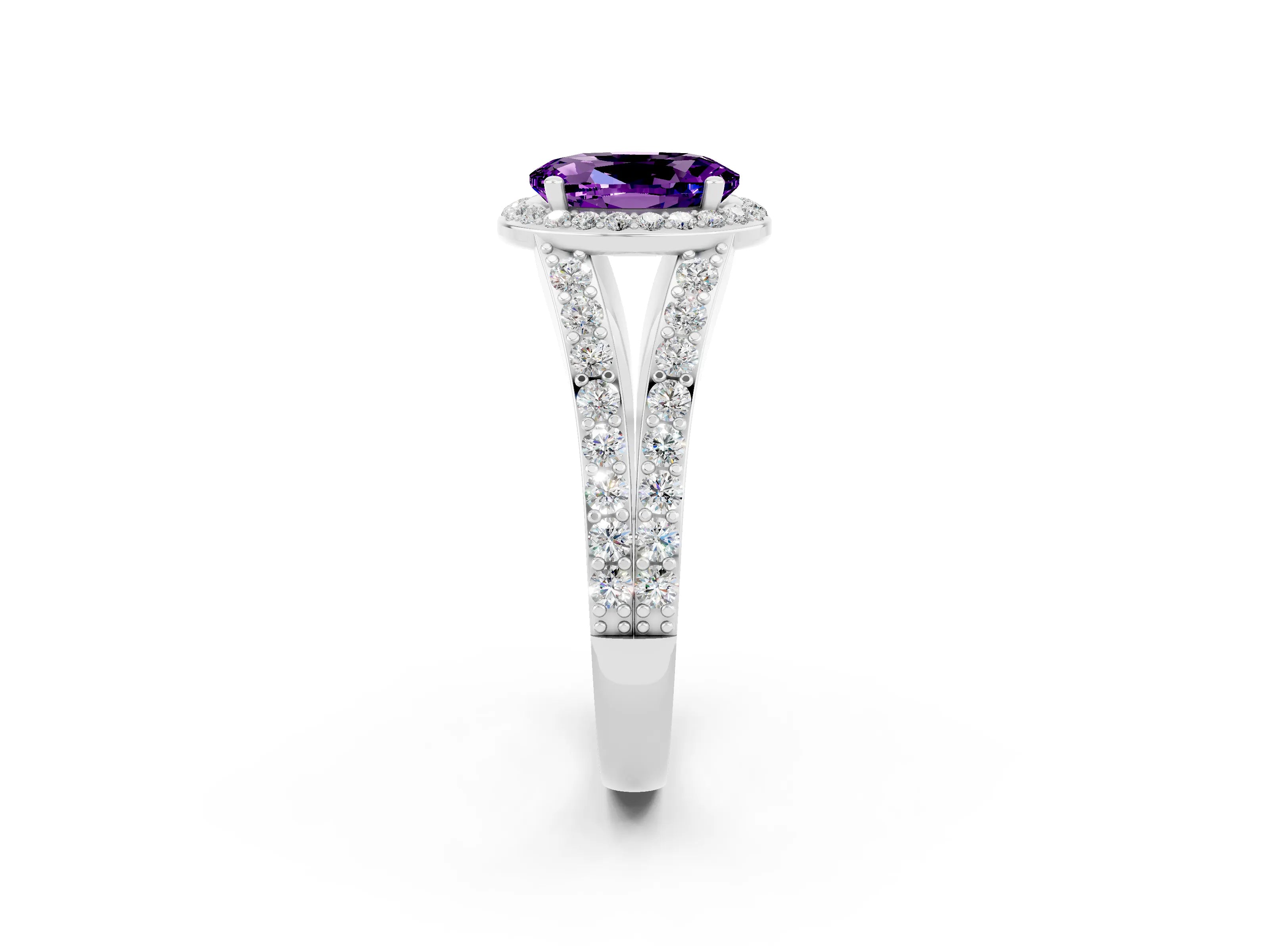 White gold Oval Cut Amethyst Split Shank Halo Ring with Four-Prong Setting_14