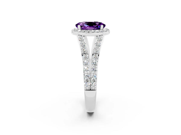 Silver Oval Cut Amethyst Split Shank Halo Ring with Four-Prong Setting