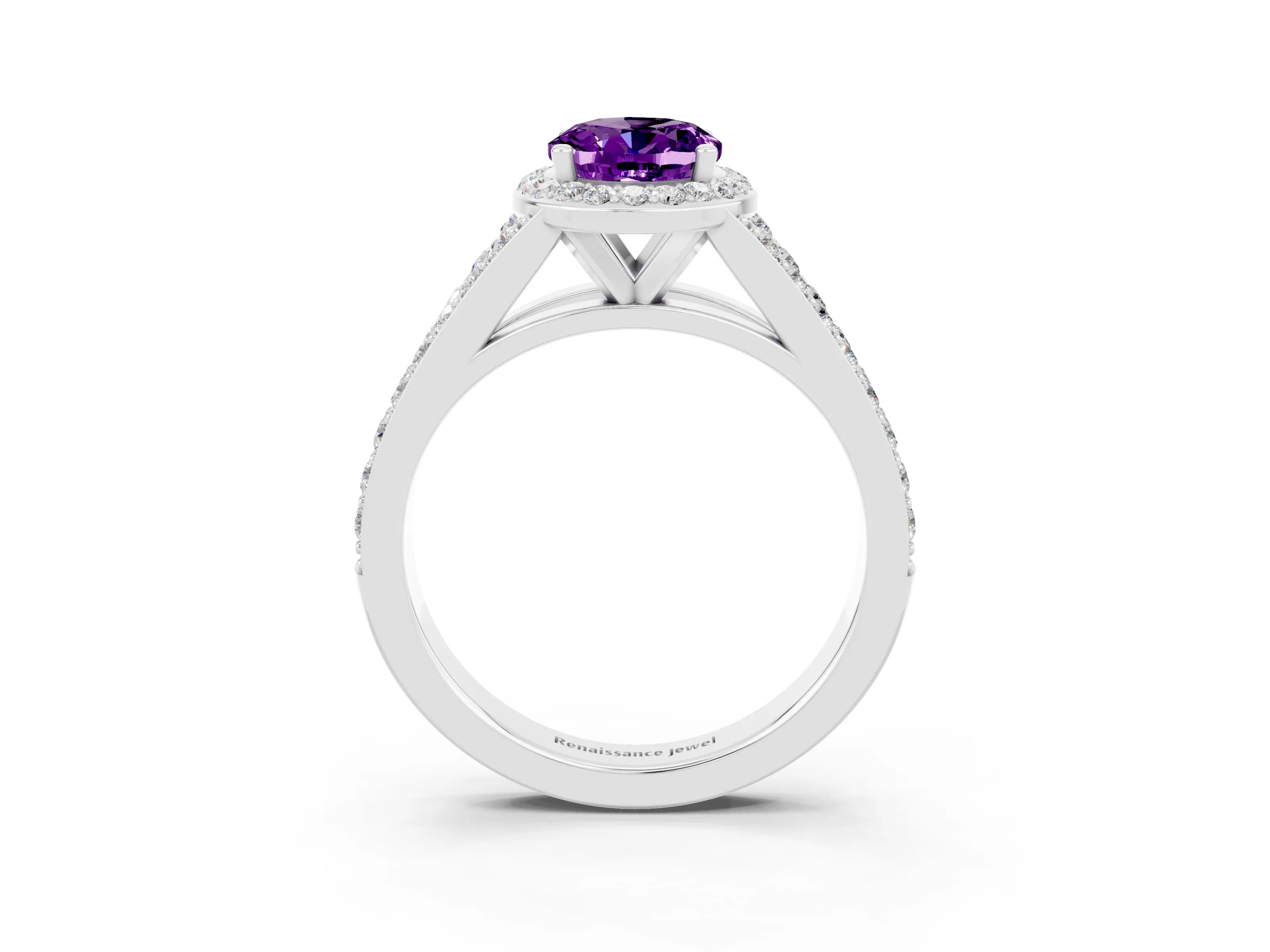 White gold Oval Cut Amethyst Split Shank Halo Ring with Four-Prong Setting_15