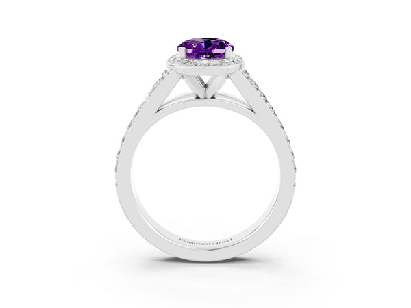 Platinum Oval Cut Amethyst Split Shank Halo Ring with Four-Prong Setting