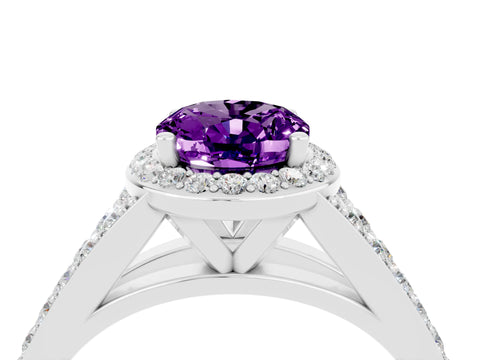 White gold Oval Cut Amethyst Split Shank Halo Ring with Four-Prong Setting_16