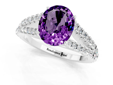 White gold Oval Cut Amethyst Split Shank Pavé Engagement Ring with Four-Prong Setting_31