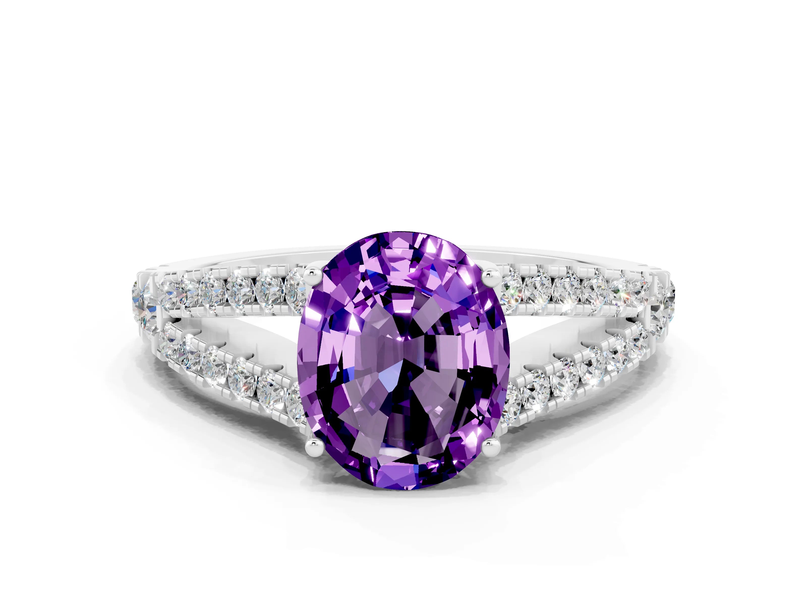 White gold Oval Cut Amethyst Split Shank Pavé Engagement Ring with Four-Prong Setting_36
