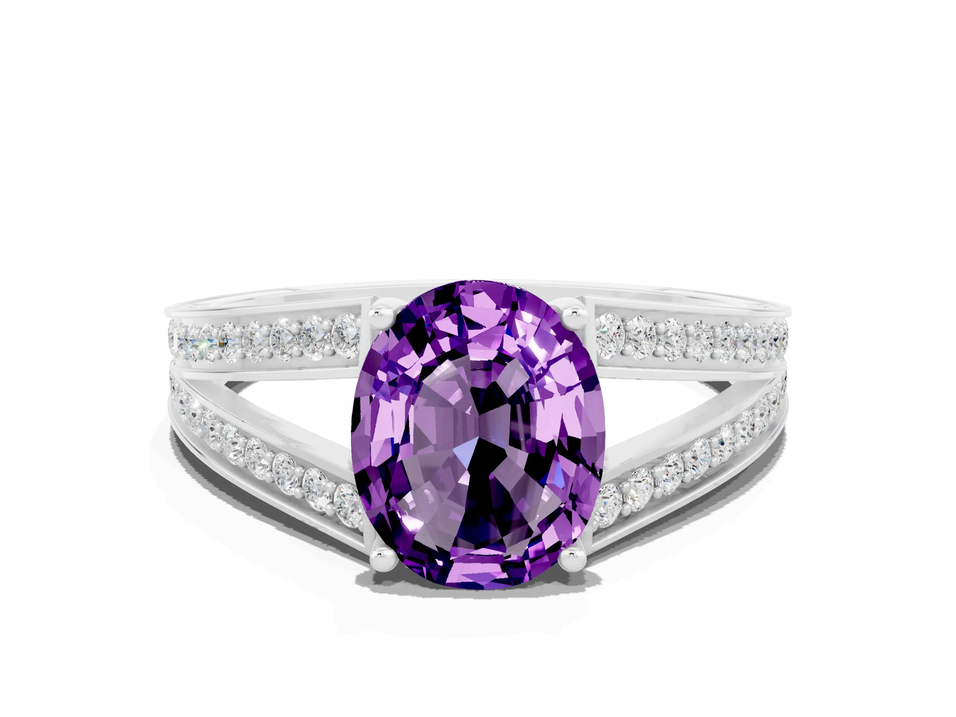 White gold Oval Cut Amethyst Split Shank Ring with Pavé Band and Four-Prong Setting