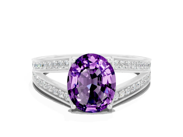 Platinum Oval Cut Amethyst Split Shank Ring with Pavé Band and Four-Prong Setting